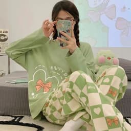 Spring and Autumn New Women's Pajamas Homewear Suit Girls Thin Section Long-Sleeved Students Big Yards Cartoon Loose Pajamas