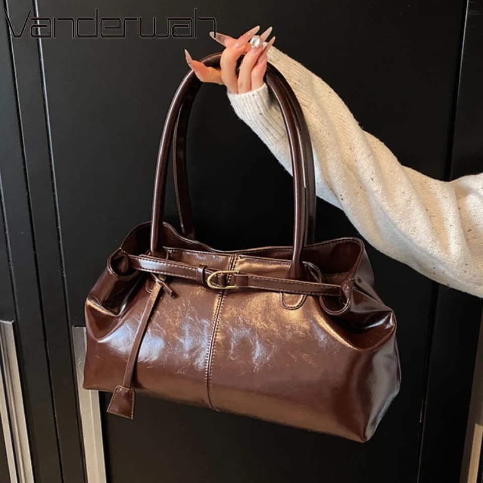 Oil PU Leather Hobo Handbag Slouchy Shoulder Bag Retro Top-Handle Bag Large Work Bags for Women Gilrls Tote Work Shopping Travel
