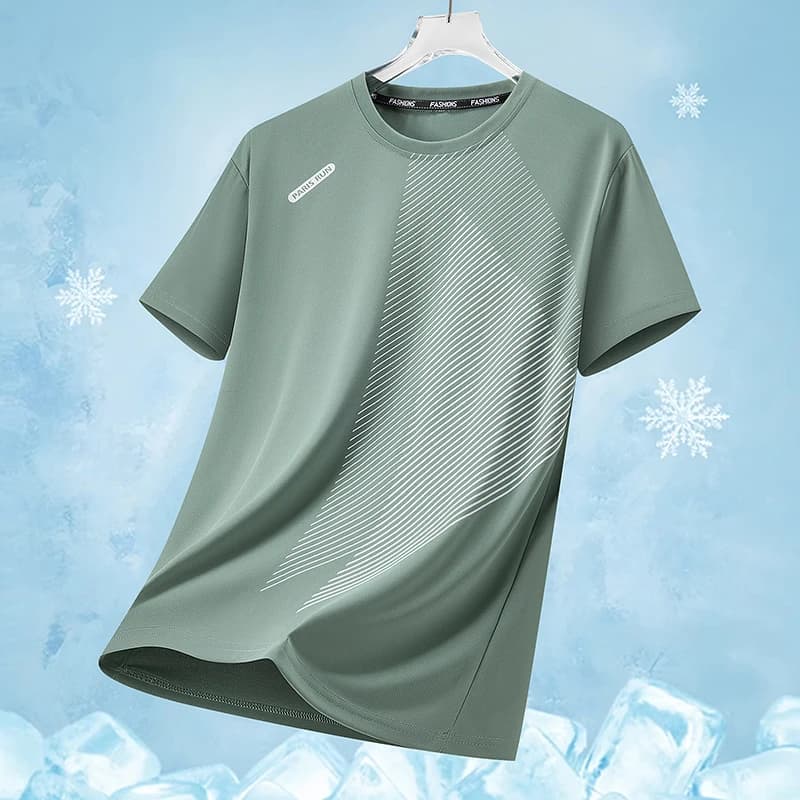 Men's Summer Ice Silk Quick Dry Round Neck Short Sleeve T-Shirt Fashionable Striped Casual Outdoor Sports Running Top