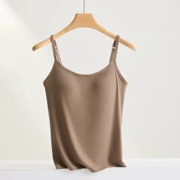 New Threaded Cotton Texture High Elastic Camisole Top with Build-in Bra Slim Bottom Sling Round Neck Fixed Cup Breathable Top