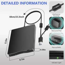 3.5 Inch External Floppy Disk Drive, Portable USB 3.0 Type-C 1.44MB FDD Disk Reader for PC Laptop Desktop Windows 11/10/8/7/XP