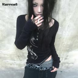 Karrcat Grunge Aesthetics Button Tops Trashy Y2k Tattoo Print T-shirt Vintage Gothic Black Irregular Tee Shirt American Retro