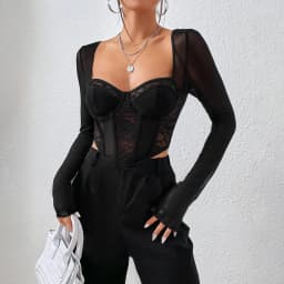 Chic Sexy V Neck Long Sleeve Mesh Crop Top, Women Black Backless Lace Embroidery Hollow Out Slim Comfortable Casual Wear Blouse