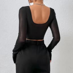 Chic Sexy V Neck Long Sleeve Mesh Crop Top, Women Black Backless Lace Embroidery Hollow Out Slim Comfortable Casual Wear Blouse