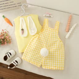 Baby Girl Set Cute Rabbit Ear Tops with Yellow Checker Shoulder Strap Shorts Suit 2 Piece Summer Casual Outdoor Costume for Girl
