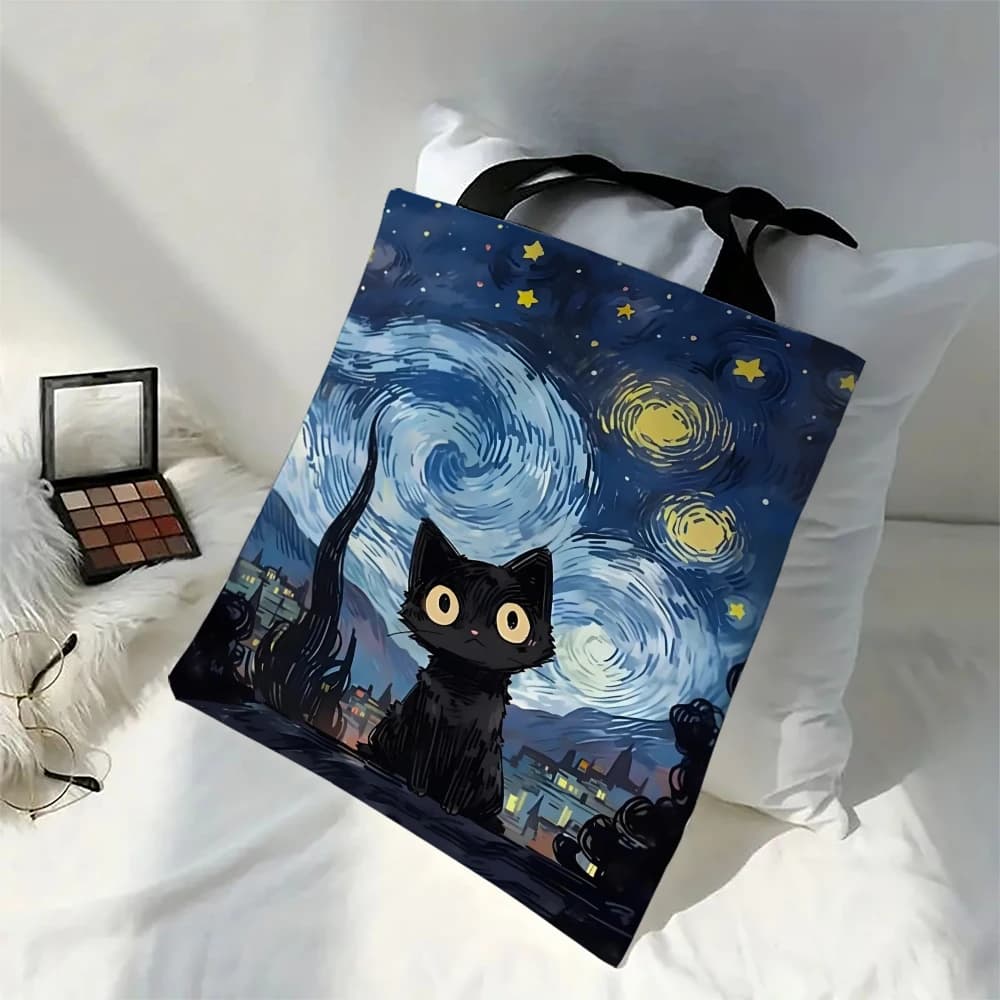 1pc Cute Cartoon Cat Shoulder Bags Funny Animal The Starry Night Shoulder Bags Casual Fashionable Bag, Multi Functional Handbag