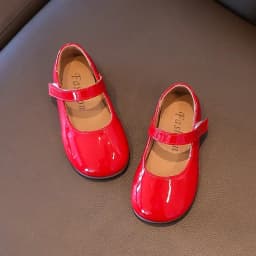 Plain Patent Leather Ballet Flats for Baby Girls Concise Round-Toe Mary Jane Shoes Red/White Kids Soft Sole