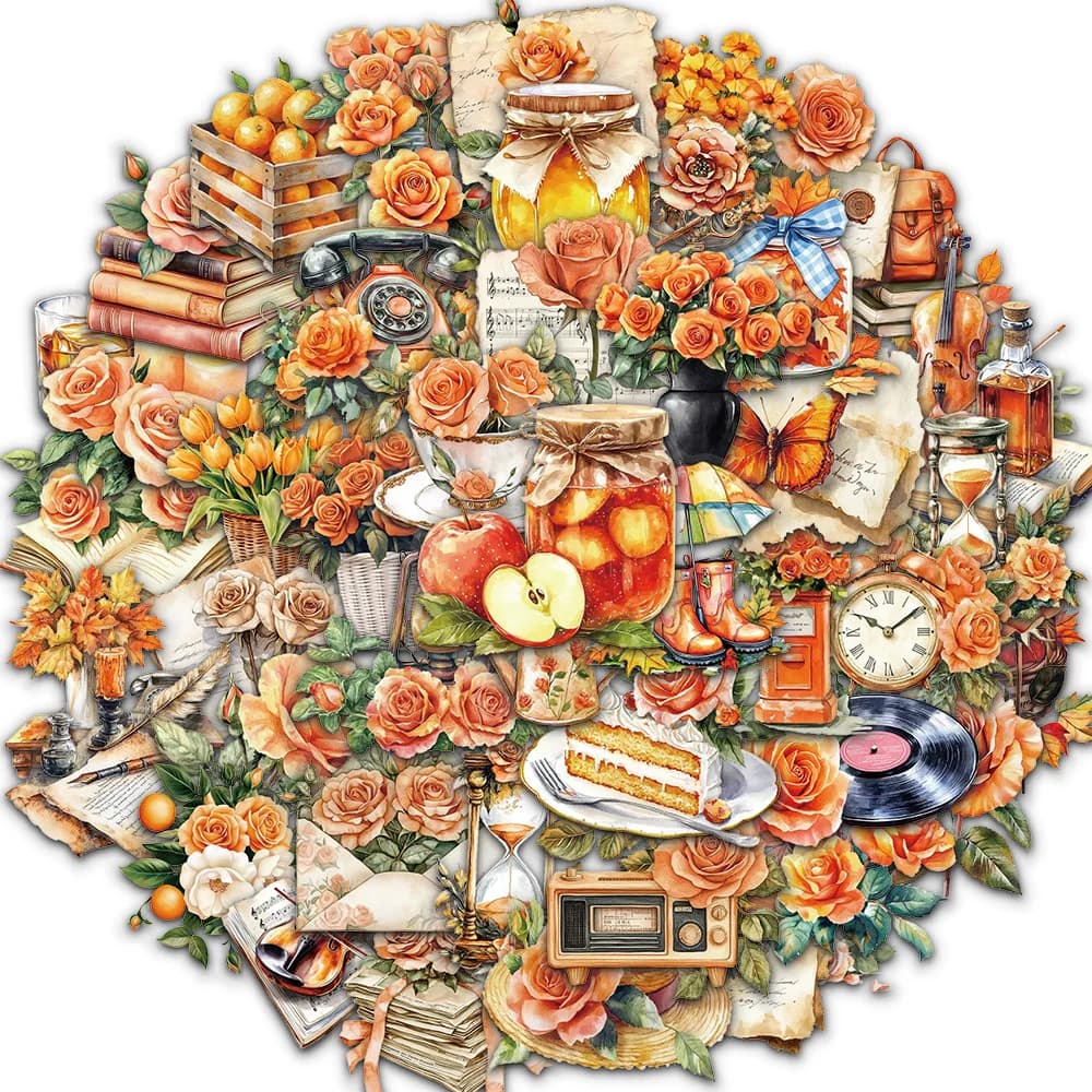 50PCS Retro Orange Flower Graffiti Stickers Scrapbooking Collage Material Water Cup Skateboard Phone Case Waterproof Stickers