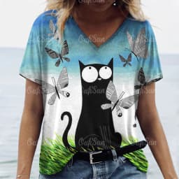 Women's T Shirt Cat Print Casual Short Sleeve 3d T-Shirts Fashion New Streetwear Crew Neck Pullover Female Oversized Clothing