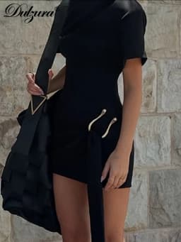 Dulzura O-Neck Short Sleeves Lace Up Bodycon Metal Button Mini Dress Solid Casual Elegant Short Dress Club Streetwear Outfit