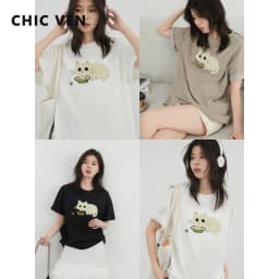 CHIC VEN Korean Women T-Shirts O Neck Loose Casual Cat Animal Embroidery Short Sleeved Tees Female Top Spring Summer 2025