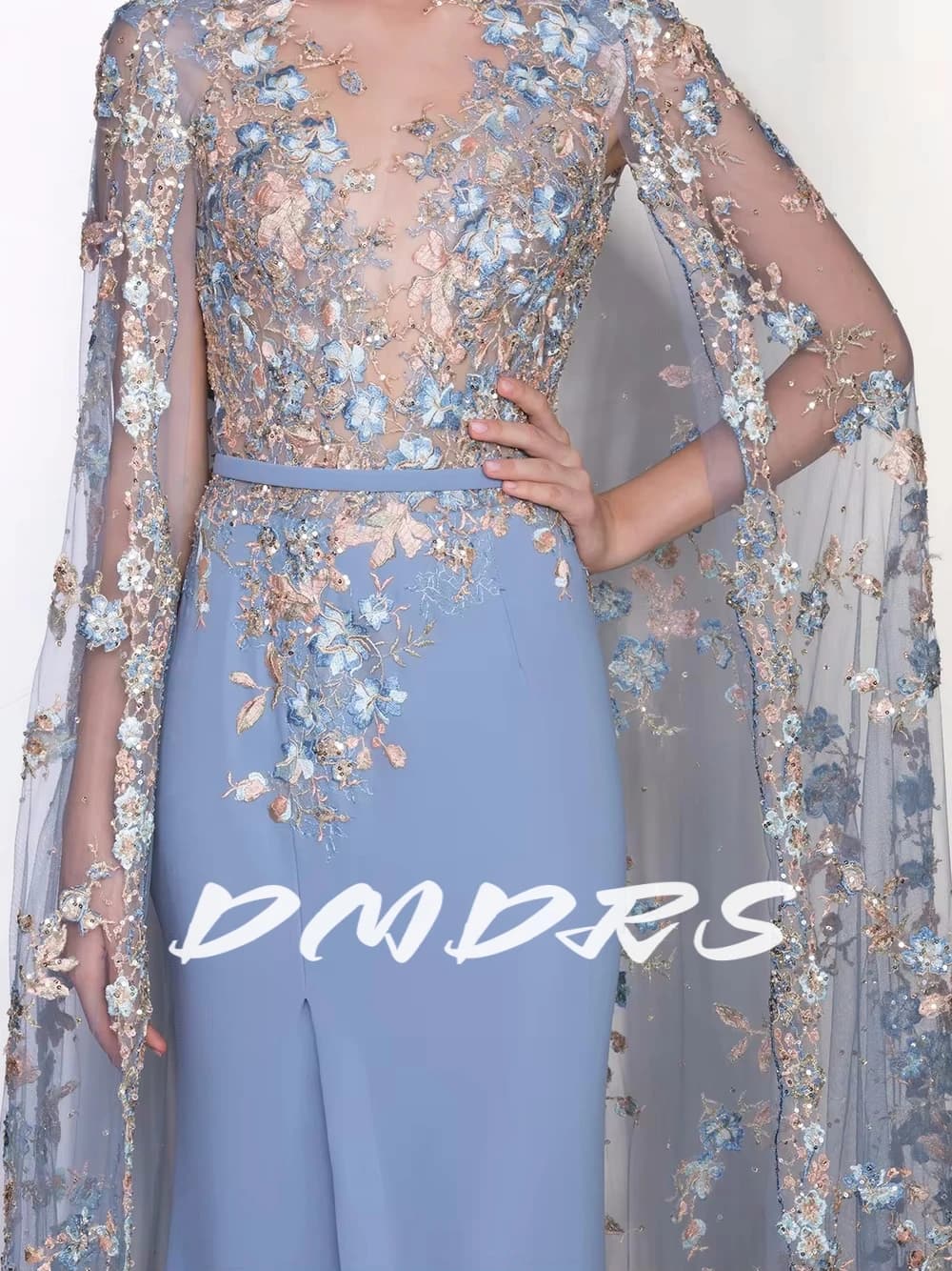 Blue Gorgeous Mermaid Evening Dress With Cape Classy Women Customized Appliques Chic Cocktail Gown Romantic Side Slit Prom Dress