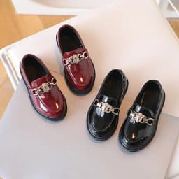 2025 for Children Platform Black Patent Leather Chain Fashion Boys Girls Flat Shoes Four Season Elegant 26-36 Kids Shoe
