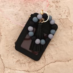 2025 Silicone bead pu leather key chain wristlet id credit card holder keychain wallet for women with bangle bracelet
