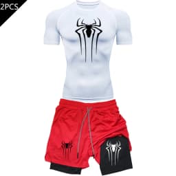 Men's Workout Compression Set Y2K Spider Printed Gym Tshirts Breathable Running Shorts Quick Dry Sports Rash Guard Sportwear Set