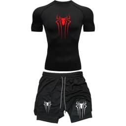 Men's Workout Compression Set Y2K Spider Printed Gym Tshirts Breathable Running Shorts Quick Dry Sports Rash Guard Sportwear Set