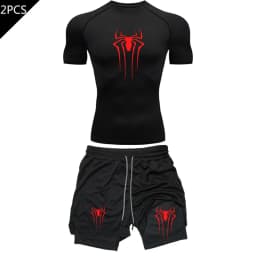 Men's Workout Compression Set Y2K Spider Printed Gym Tshirts Breathable Running Shorts Quick Dry Sports Rash Guard Sportwear Set