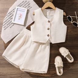 Summer Solid Color Two-Pieces Set White V-Neck Sleeveless Top Shorts 8-12 Yesrs Simple Style Kids Sets For Girls