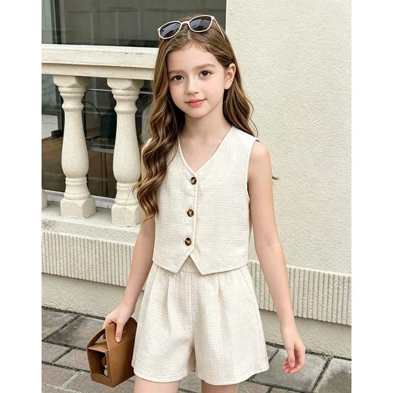 Summer Solid Color Two-Pieces Set White V-Neck Sleeveless Top Shorts 8-12 Yesrs Simple Style Kids Sets For Girls
