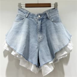WTHT New Fashion Women's Patchwork Hem Wash Denim Shorts 2025 Summer Trendy High Waist A-line Short Pants Female 1LS1393