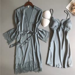 White 5PCS Sleep Set Pajamas Lady Lace Satin Pyjamas Kimono Bath Gown Loose Sleepwear Home Cloting V-Neck Casual Nightwear