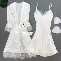 White 5PCS Sleep Set Pajamas Lady Lace Satin Pyjamas Kimono Bath Gown Loose Sleepwear Home Cloting V-Neck Casual Nightwear