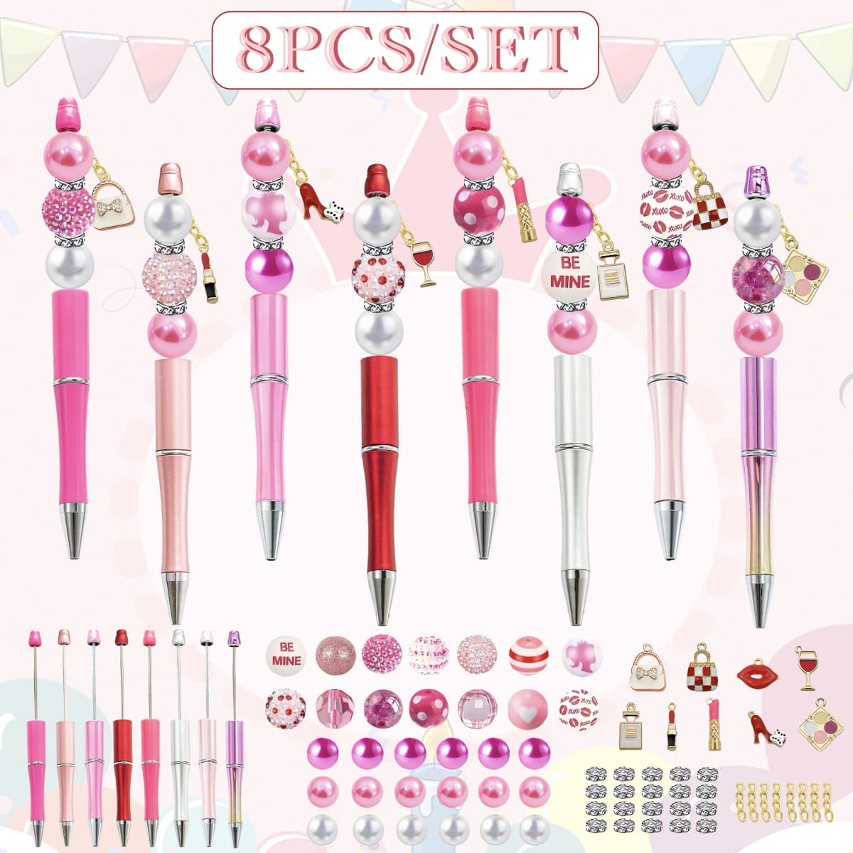 8PCS Pink Rose Women's Popular Cosmetic Lipstick Perfume Leather Bag Valentine's Day DIY Beaded Ballpoint Pen&Acrylic Bead Set