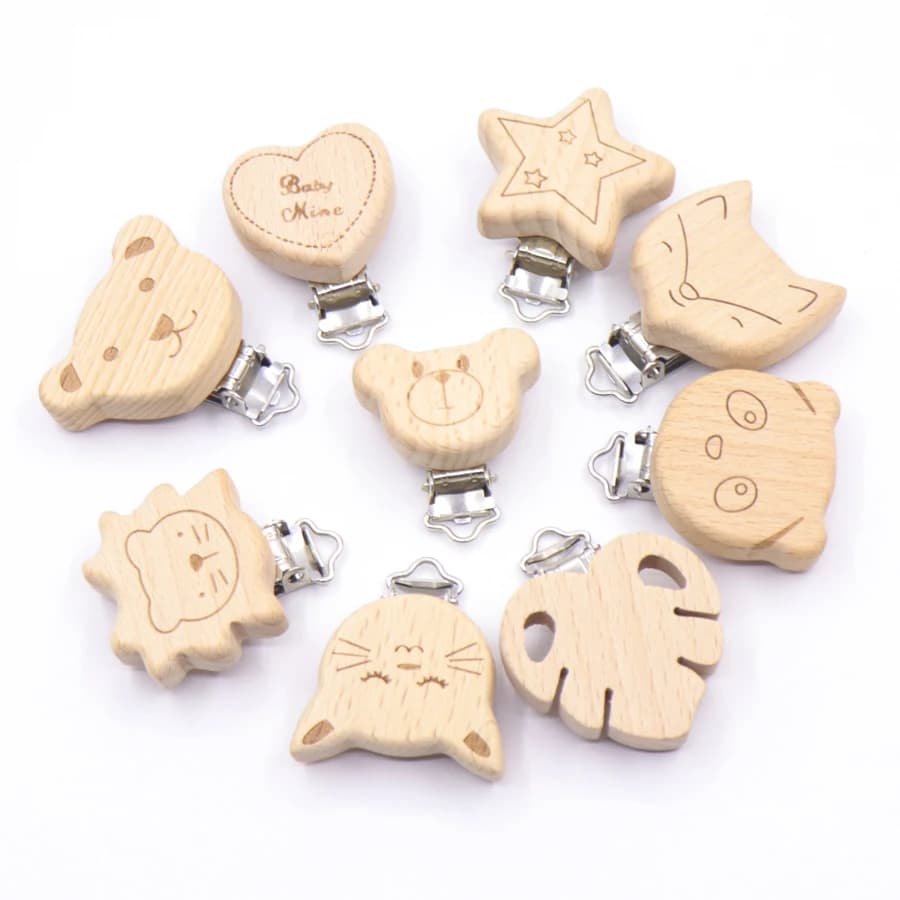 5PCS Wooden Rabbit Star Pacifier Clip Baby Accessories Wooden Animal Pacifier Metal Holder Elephant Pacifier Wooden Baby Teeth