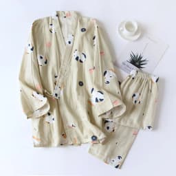 New Japanese-style Kimono Two-piece Couple Pajamas Cover Men And Women Pure Cotton Gauze Cute Kitten Thin Home Service Plus Size