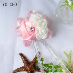 YO CHO Silk Roses White Wrist Corsage Wrist Flowers for Bridesmaids Flower Bracelet Pink Blue Bridal Sisters Wedding Accessories