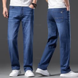 Men Jeans Classic Summer Lyocell Cotton Straight Stretch Brand Denim Pants Overalls Light Blue Fit Trouser Plus Size 40 42