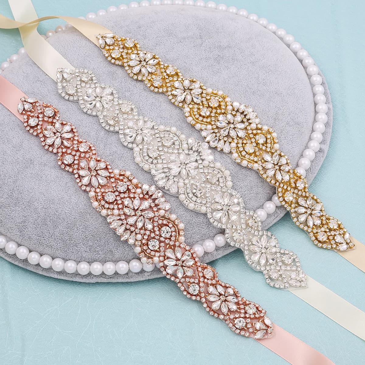 NZUK Silver Gold/Rose Gold Rhinestone Wedding Dress Belt Crystal Wedding Belts Satin Wedding Accessories Bridal Ribbon Belts