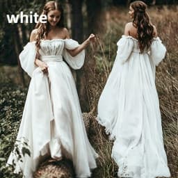 Boho Wedding Dress Off Shoulder Puff Long Sleeve A Line Train Bridal Gown Vintage Forest Elopement Wedding Long Bride Dress 2026