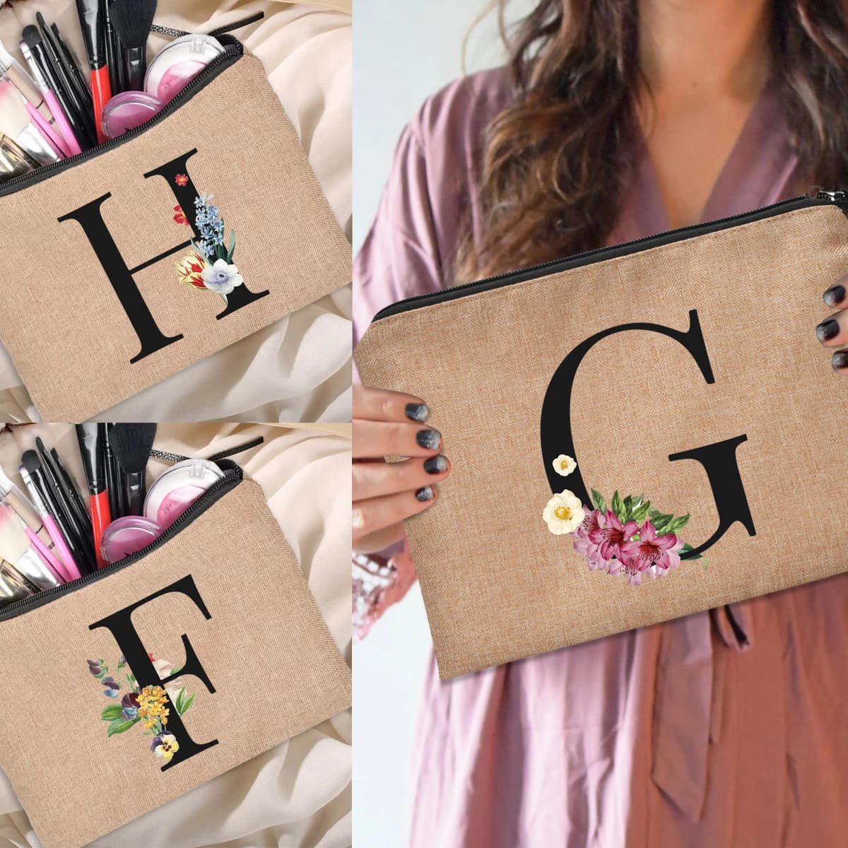 Floral Letter Print Women Linen Zipper Pouch Travel Organizer Case Mujer Bolsas Cosmetic Bag Makeup Bag Bridesmaid Makeup Bags