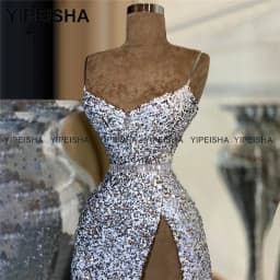 Customized Glitter Silver Sequin Prom Gown High Split Evening Dress Spaghetti Straps Birthday Party Dress Mermaid Robe de Soiree