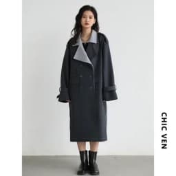 CHIC VEN Women Trench Coat Solid Loose Contrast Double Collar Double Breasted Long Female Windbreaker Office Lady Spring Autumn