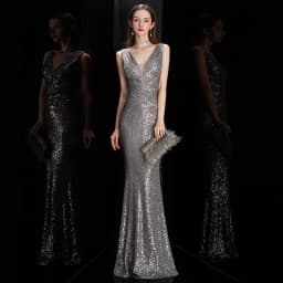 DEERVEADO Elegant V Neck Sequin Evening Dress Long Women's Mermaid Formal Dress Party Gown Bodycon Maxi Prom Dress