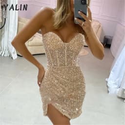 Customized Glitter Beads Cocktail Dresses Sequin Mini Length Party Gowns Sexy Strapless Short Prom Dress Vestidos De Fiesta