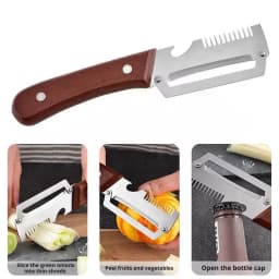 2-in-1 Serrated Peeling Knife Premium Vegetable Peeler With Wooden Handle And Bottle Opener Kitchen Tool