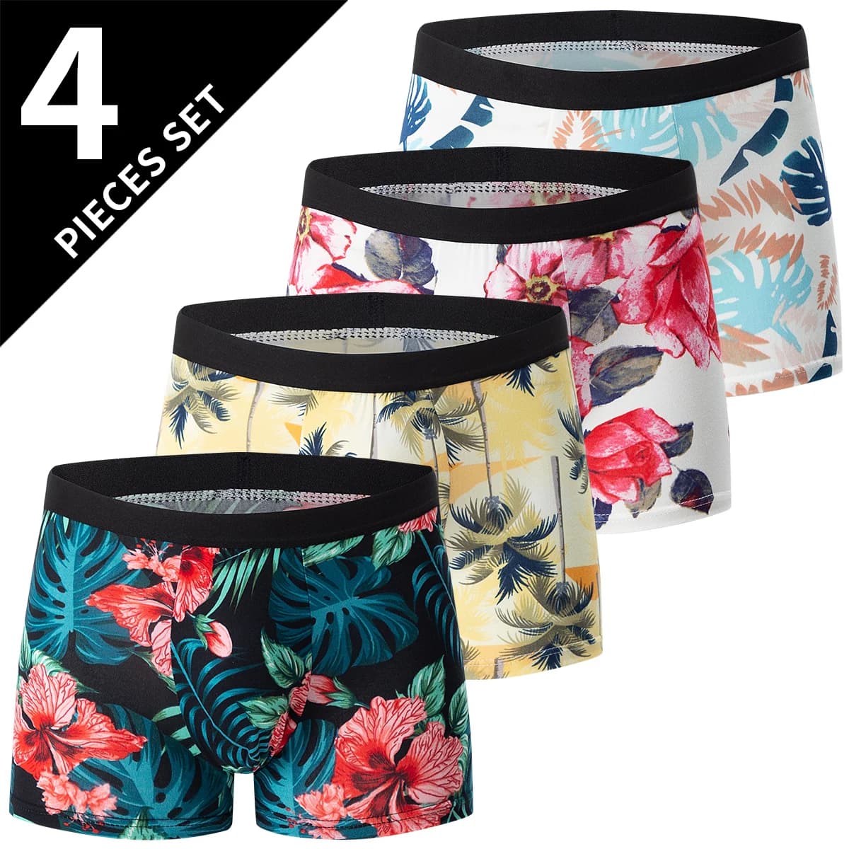 4-piece MEN'S Fashionable and Charming Flower Underwear Comfortable and Breathable Crotch Boxers Teenagers Plus Size Underwear.