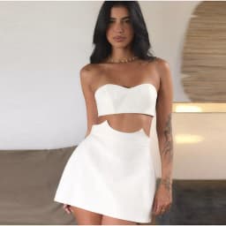 Elegant White Linen Two Piece Set Strapless Sweetheart Crop Top Cozy High Waisted Mini Skirt Summer Vacation Women's Clothing
