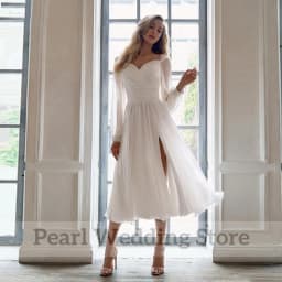 Simple Chiffon Tea-Length Wedding Dress Sweetheart and Long Sleeve Side Split Bride Gowns Sexy Backless Pleat Bridal Customized