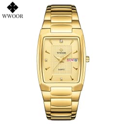 WWOOR 2026 New Square Watch Men with Automatic Week Date Luxury Stainless Steel Gold Mens Quartz Wrist Watches Relogio Masculino