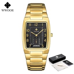 WWOOR 2026 New Square Watch Men with Automatic Week Date Luxury Stainless Steel Gold Mens Quartz Wrist Watches Relogio Masculino