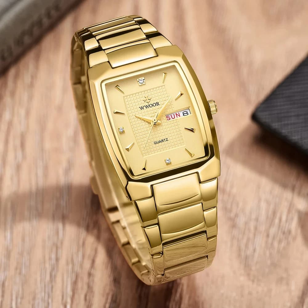 WWOOR 2026 New Square Watch Men with Automatic Week Date Luxury Stainless Steel Gold Mens Quartz Wrist Watches Relogio Masculino