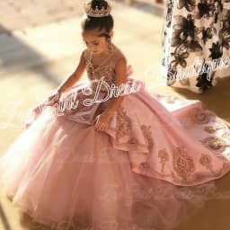 High Quality First Communion Dresses Kids Evening Ball Gown Gold Applique Bow Girls Pageant Dress Satin Tulle Flower Girl Dress