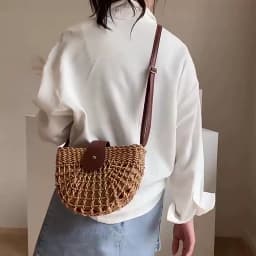 Yogodlns Summer Straw Bag For Women Fashion Semicircle Crossbody Bags Rattan Handmade Messenger Handbag Travel Beach Bags Tote