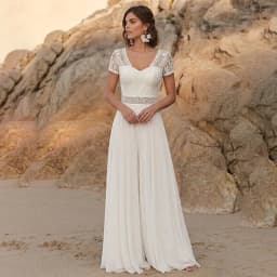 Boho Lace Short Sleeve Chiffon Wedding Dress V Back Beach Bridal Gown Custom Vestido Novia Elopement Simple White Bride Gown