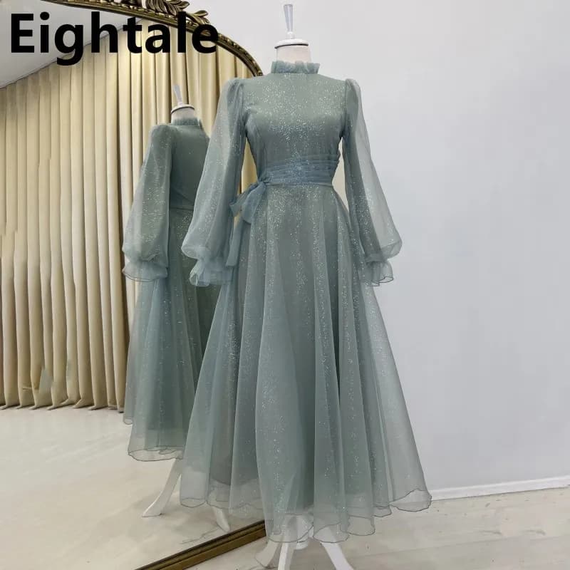 Customized Turkey Arabia Muslim Engagement Shinning Fabric Evening Dress Puff Sleeve Maxi Party Dress A Line Formal Gown