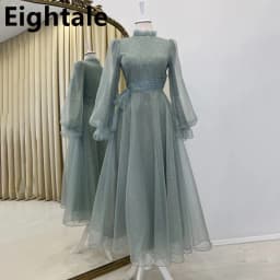 Customized Turkey Arabia Muslim Engagement Shinning Fabric Evening Dress Puff Sleeve Maxi Party Dress A Line Formal Gown